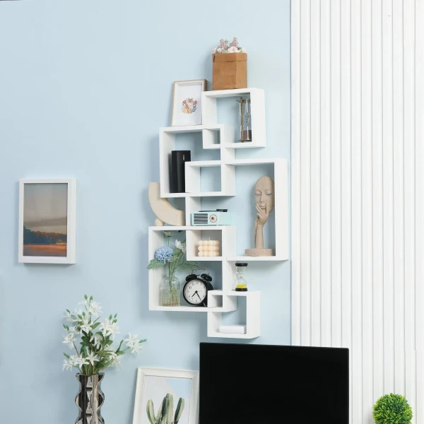 Wandplank zwevende plank wandbord met 5 kubussen & 9 vakken, sparrenhout, wit, 49,5x10,2x86cm 2