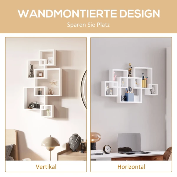 Wandplank zwevende plank wandbord met 5 kubussen & 9 vakken, sparrenhout, wit, 49,5x10,2x86cm 5