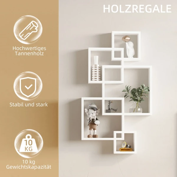 Wandplank zwevende plank wandbord met 5 kubussen & 9 vakken, sparrenhout, wit, 49,5x10,2x86cm 8