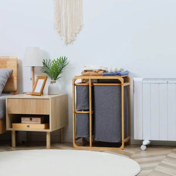 Wasmand met platform bamboe wasverzamelaar met 3 afneembare waszakken, was sorteerder, grijs+natuur, 50x32x69,7cm 2