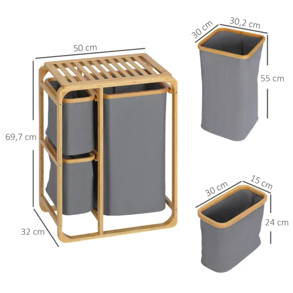 Wasmand met platform bamboe wasverzamelaar met 3 afneembare waszakken, was sorteerder, grijs+natuur, 50x32x69,7cm 4