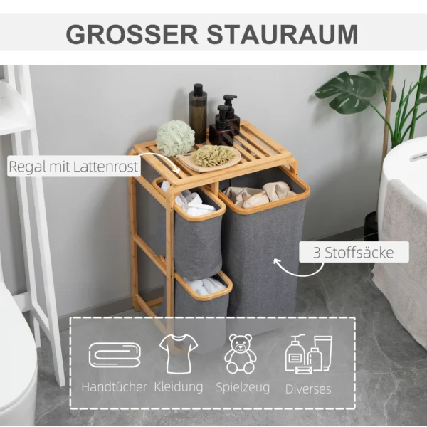 Wasmand met platform bamboe wasverzamelaar met 3 afneembare waszakken, was sorteerder, grijs+natuur, 50x32x69,7cm 5
