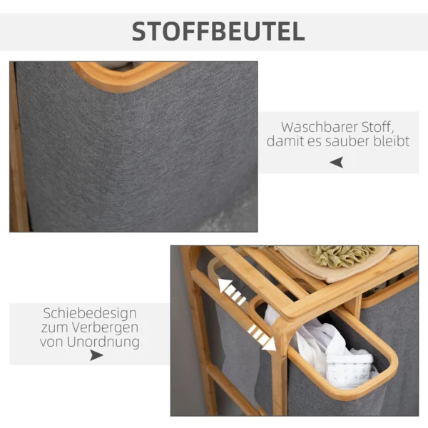 Wasmand met platform bamboe wasverzamelaar met 3 afneembare waszakken, was sorteerder, grijs+natuur, 50x32x69,7cm 6