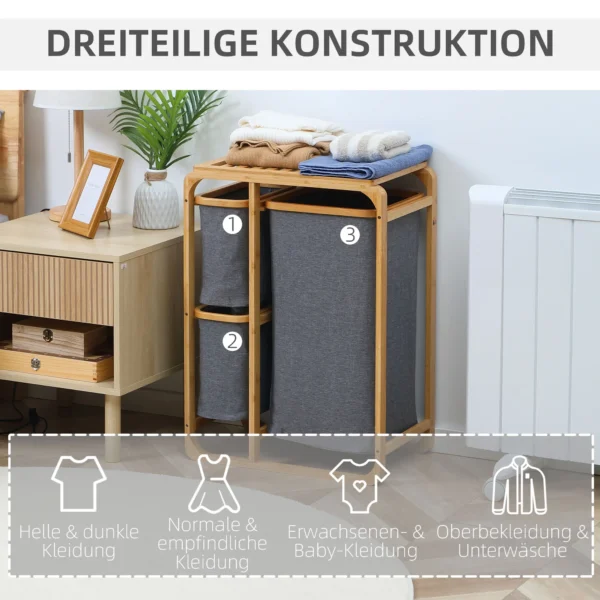 Wasmand met platform bamboe wasverzamelaar met 3 afneembare waszakken, was sorteerder, grijs+natuur, 50x32x69,7cm 7