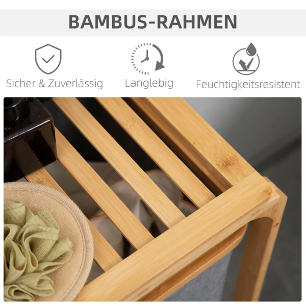 Wasmand met platform bamboe wasverzamelaar met 3 afneembare waszakken, was sorteerder, grijs+natuur, 50x32x69,7cm 8
