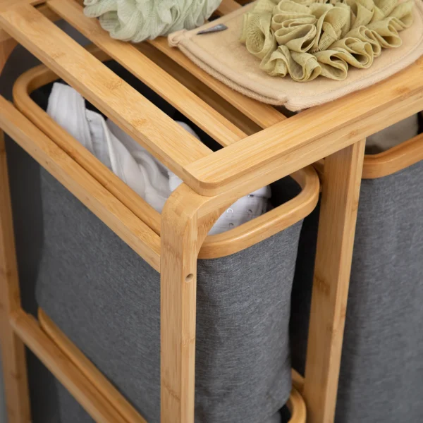 Wasmand met platform bamboe wasverzamelaar met 3 afneembare waszakken, was sorteerder, grijs+natuur, 50x32x69,7cm 9