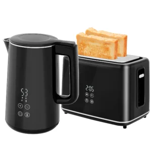 Waterkoker broodrooster set 1,5l waterkoker 2 toastplakken 2200w ontbijtset met 7 bruiningsniveaus, ontdooi & opwarmfunctie, automatische uitschakeling en kruimellade, zwart 1