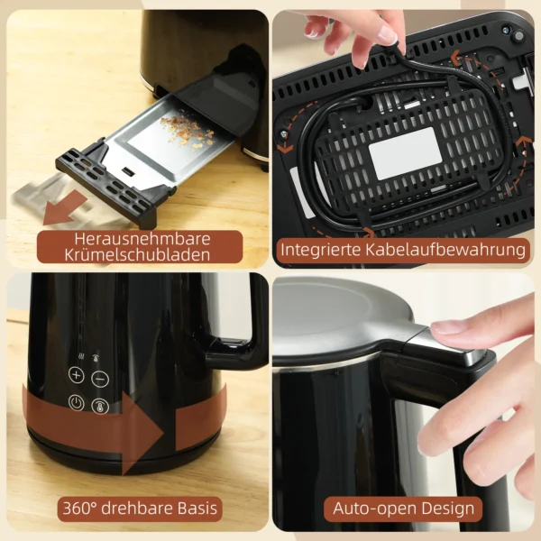 Waterkoker broodrooster set 1,5l waterkoker 2 toastplakken 2200w ontbijtset met 7 bruiningsniveaus, ontdooi & opwarmfunctie, automatische uitschakeling en kruimellade, zwart 10