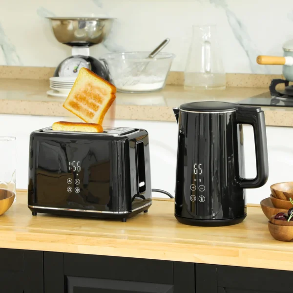 Waterkoker broodrooster set 1,5l waterkoker 2 toastplakken 2200w ontbijtset met 7 bruiningsniveaus, ontdooi & opwarmfunctie, automatische uitschakeling en kruimellade, zwart 2