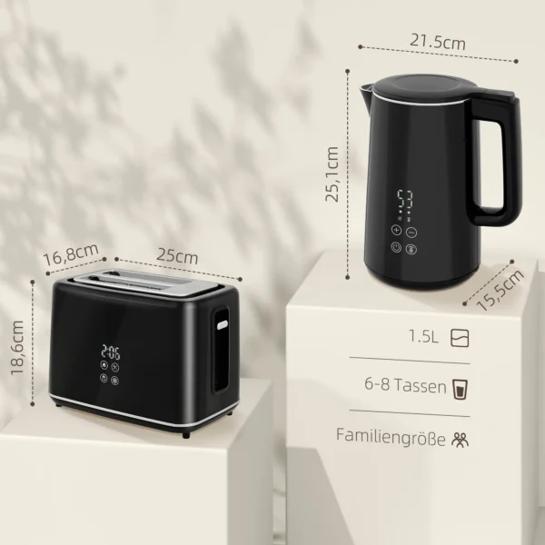 Waterkoker broodrooster set 1,5l waterkoker 2 toastplakken 2200w ontbijtset met 7 bruiningsniveaus, ontdooi & opwarmfunctie, automatische uitschakeling en kruimellade, zwart 4