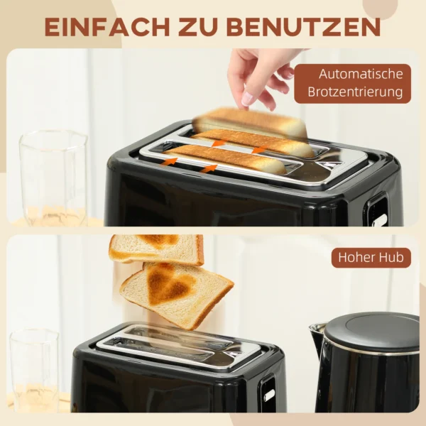 Waterkoker broodrooster set 1,5l waterkoker 2 toastplakken 2200w ontbijtset met 7 bruiningsniveaus, ontdooi & opwarmfunctie, automatische uitschakeling en kruimellade, zwart 9