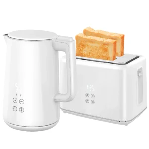 Waterkoker broodrooster set 1,5l waterkoker 2 toastsneetjes 2200w ontbijtset met 7 bruiningsniveaus, ontdooi & opwarmfunctie, automatische uitschakeling en led display, wit 1