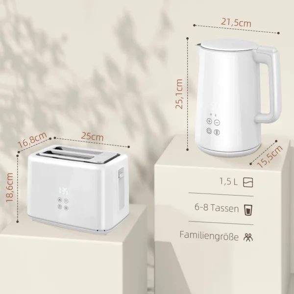 Waterkoker broodrooster set 1,5l waterkoker 2 toastsneetjes 2200w ontbijtset met 7 bruiningsniveaus, ontdooi & opwarmfunctie, automatische uitschakeling en led display, wit 4