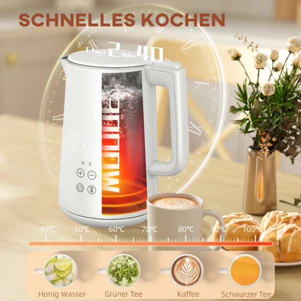 Waterkoker broodrooster set 1,5l waterkoker 2 toastsneetjes 2200w ontbijtset met 7 bruiningsniveaus, ontdooi & opwarmfunctie, automatische uitschakeling en led display, wit 5