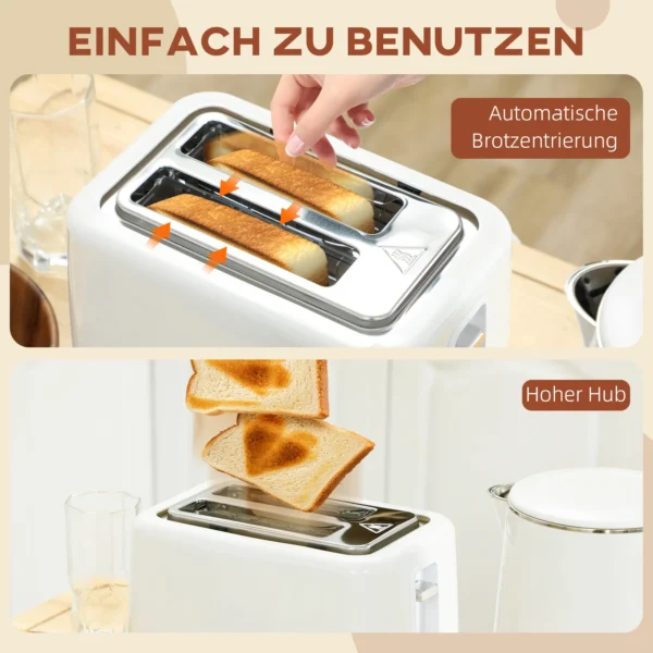 Waterkoker broodrooster set 1,5l waterkoker 2 toastsneetjes 2200w ontbijtset met 7 bruiningsniveaus, ontdooi & opwarmfunctie, automatische uitschakeling en led display, wit 9