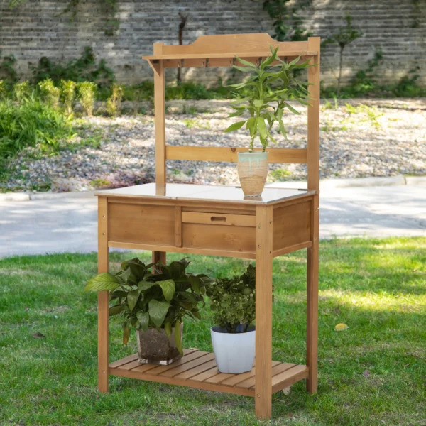Weerbestendige planttafel met verzinkt werkblad, plank & bloemenrek, outdoor tuinierstafel voor tuin & terras 2