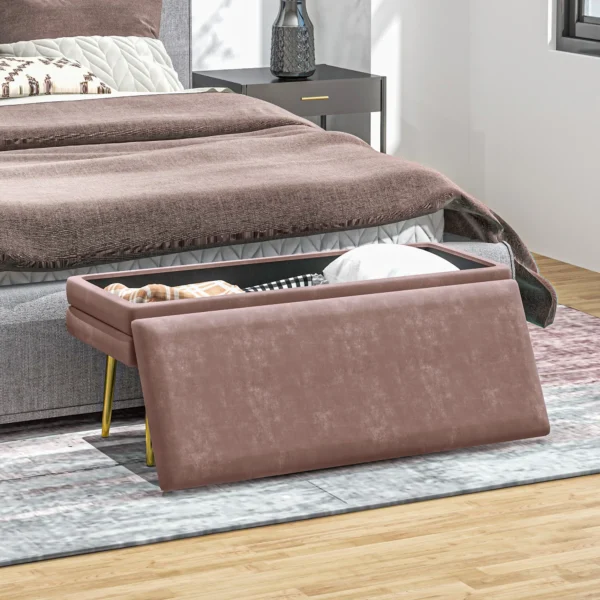 Zitbank, gestoffeerde bank met opbergruimte, fluweel look, bedbank met stalen poten, schoenenbank, opbergbank voor woonkamer, slaapkamer, roze, 100 x 37,5 x 42 cm 9