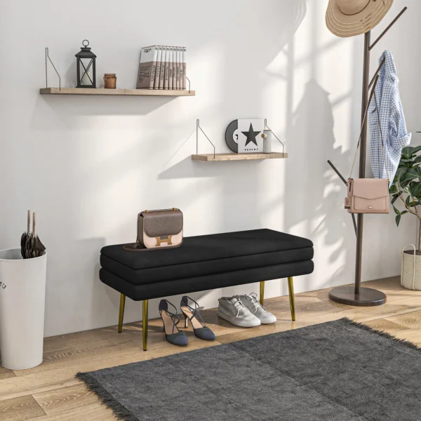 Zitbank, gestoffeerde bank met opbergruimte, fluweel look, bedbank met stalen poten, schoenenbank, opbergbank voor woonkamer, slaapkamer, zwart, 79,5 x 37,5 x 43 cm 2