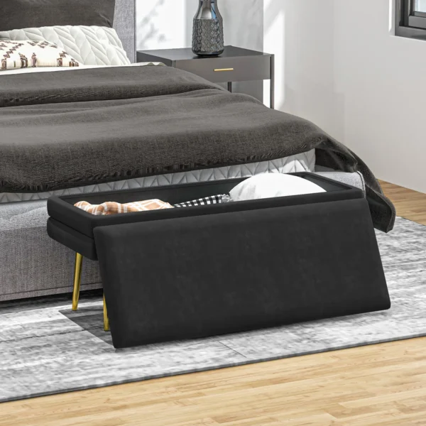 Zitbank, gestoffeerde bank met opbergruimte, fluweel look, bedbank met stalen poten, schoenenbank, opbergbank voor woonkamer, slaapkamer, zwart, 79,5 x 37,5 x 43 cm 9