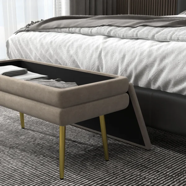 Zitbank, gestoffeerde bank met opbergruimte, fluweelachtige uitstraling, bedbank met stalen poten, schoenenbank, opbergbank voor woonkamer, slaapkamer, beige, 79,5 x 37,5 x 43 cm 10