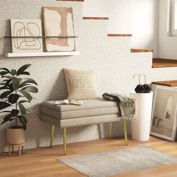 Zitbank, gestoffeerde bank met opbergruimte, fluweelachtige uitstraling, bedbank met stalen poten, schoenenbank, opbergbank voor woonkamer, slaapkamer, beige, 79,5 x 37,5 x 43 cm 2