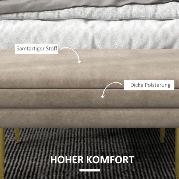 Zitbank, gestoffeerde bank met opbergruimte, fluweelachtige uitstraling, bedbank met stalen poten, schoenenbank, opbergbank voor woonkamer, slaapkamer, beige, 79,5 x 37,5 x 43 cm 5