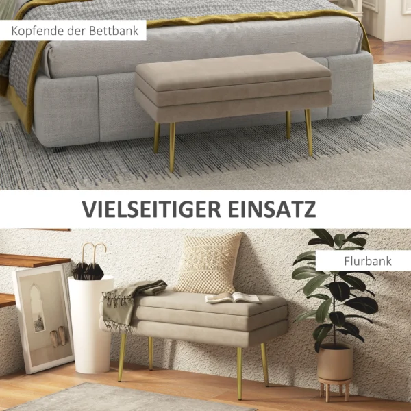 Zitbank, gestoffeerde bank met opbergruimte, fluweelachtige uitstraling, bedbank met stalen poten, schoenenbank, opbergbank voor woonkamer, slaapkamer, beige, 79,5 x 37,5 x 43 cm 7