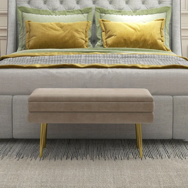 Zitbank, gestoffeerde bank met opbergruimte, fluweelachtige uitstraling, bedbank met stalen poten, schoenenbank, opbergbank voor woonkamer, slaapkamer, beige, 79,5 x 37,5 x 43 cm 9