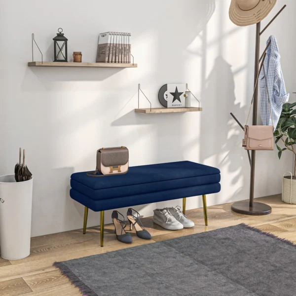 Zitbank, gestoffeerde bank met opbergruimte, fluweelachtige uitstraling, bedbank met stalen poten, schoenenbank, opbergbank voor woonkamer, slaapkamer, blauw, 79,5 x 37,5 x 43 cm 2