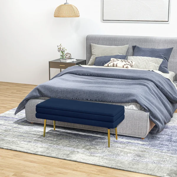 Zitbank, gestoffeerde bank met opbergruimte, fluweelachtige uitstraling, bedbank met stalen poten, schoenenbank, opbergbank voor woonkamer, slaapkamer, blauw, 79,5 x 37,5 x 43 cm 8