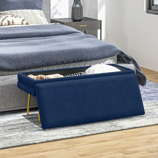 Zitbank, gestoffeerde bank met opbergruimte, fluweelachtige uitstraling, bedbank met stalen poten, schoenenbank, opbergbank voor woonkamer, slaapkamer, blauw, 79,5 x 37,5 x 43 cm 9