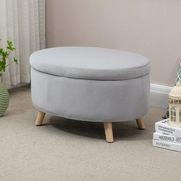 Zitbank gestoffeerde bank met opslagruimte ovale vorm kruk hal slaapkamer woonkamer fluweelachtig polyester rubberhout lichtgrijs 71 x 51,5 x 42 cm 2