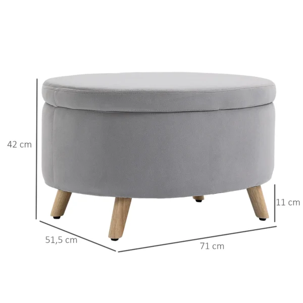 Zitbank gestoffeerde bank met opslagruimte ovale vorm kruk hal slaapkamer woonkamer fluweelachtig polyester rubberhout lichtgrijs 71 x 51,5 x 42 cm 4