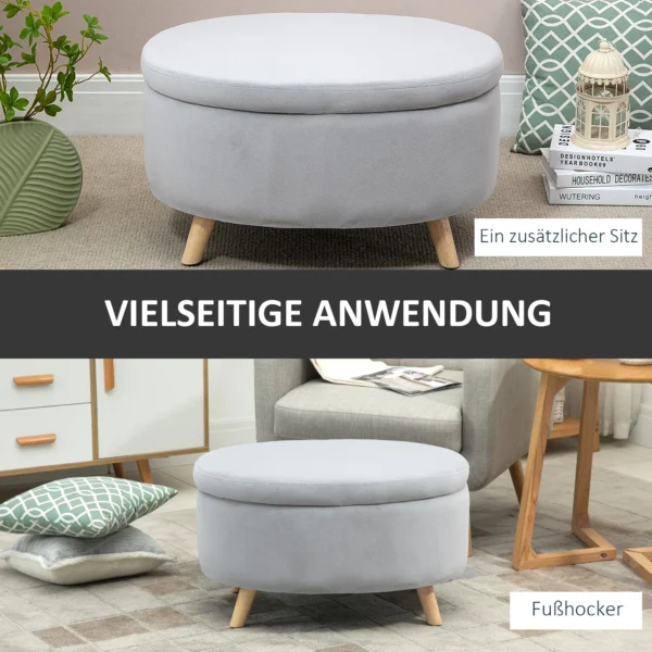Zitbank gestoffeerde bank met opslagruimte ovale vorm kruk hal slaapkamer woonkamer fluweelachtig polyester rubberhout lichtgrijs 71 x 51,5 x 42 cm 6