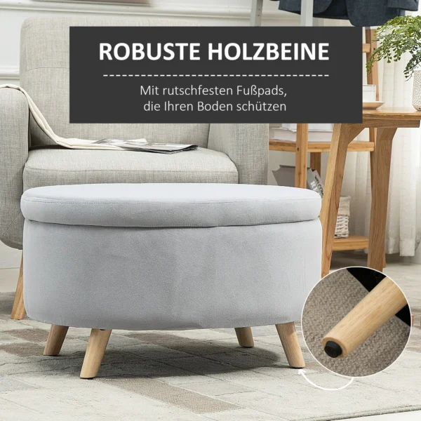 Zitbank gestoffeerde bank met opslagruimte ovale vorm kruk hal slaapkamer woonkamer fluweelachtig polyester rubberhout lichtgrijs 71 x 51,5 x 42 cm 7
