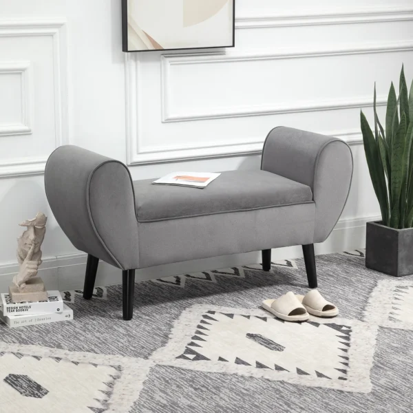 Zitbank grijs moderne kistbank met opslagruimte van fluweelachtig polyester en rubberhout met armleuningen 118x42x66cm voor hal en woonkamer 2