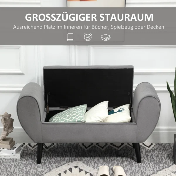 Zitbank grijs moderne kistbank met opslagruimte van fluweelachtig polyester en rubberhout met armleuningen 118x42x66cm voor hal en woonkamer 5