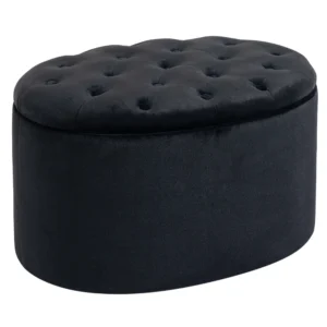 Zitbank in zwart moderne gestoffeerde bank met opslagruimte, fluweelachtig polyester, rubberhout, ovale vorm, 71x52x42cm 1