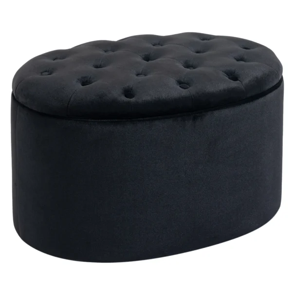 Zitbank in zwart moderne gestoffeerde bank met opslagruimte, fluweelachtig polyester, rubberhout, ovale vorm, 71x52x42cm 1
