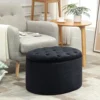 Zitbank in zwart moderne gestoffeerde bank met opslagruimte, fluweelachtig polyester, rubberhout, ovale vorm, 71x52x42cm 2