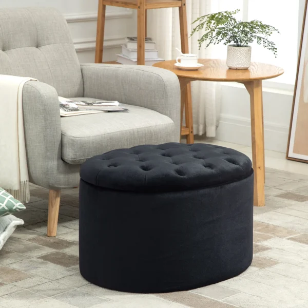 Zitbank in zwart moderne gestoffeerde bank met opslagruimte, fluweelachtig polyester, rubberhout, ovale vorm, 71x52x42cm 2