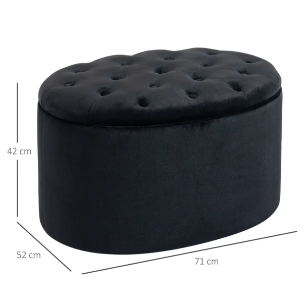 Zitbank in zwart moderne gestoffeerde bank met opslagruimte, fluweelachtig polyester, rubberhout, ovale vorm, 71x52x42cm 4
