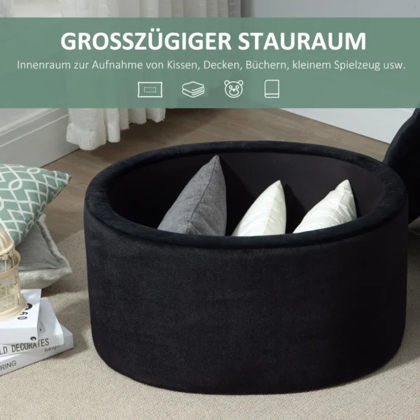 Zitbank in zwart moderne gestoffeerde bank met opslagruimte, fluweelachtig polyester, rubberhout, ovale vorm, 71x52x42cm 5
