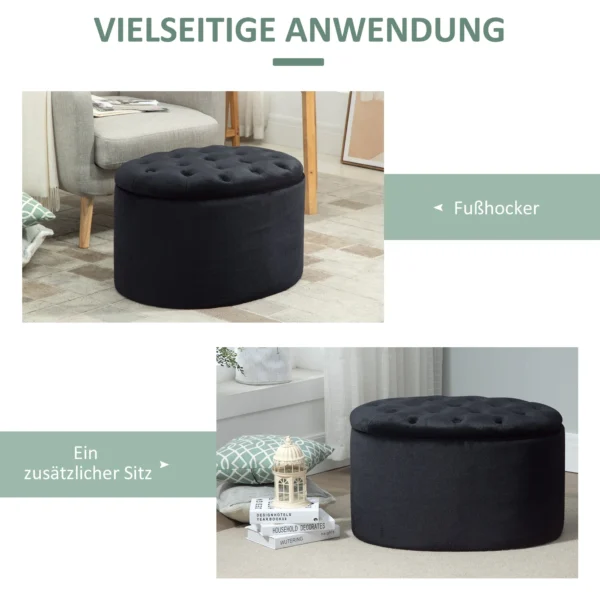 Zitbank in zwart moderne gestoffeerde bank met opslagruimte, fluweelachtig polyester, rubberhout, ovale vorm, 71x52x42cm 6