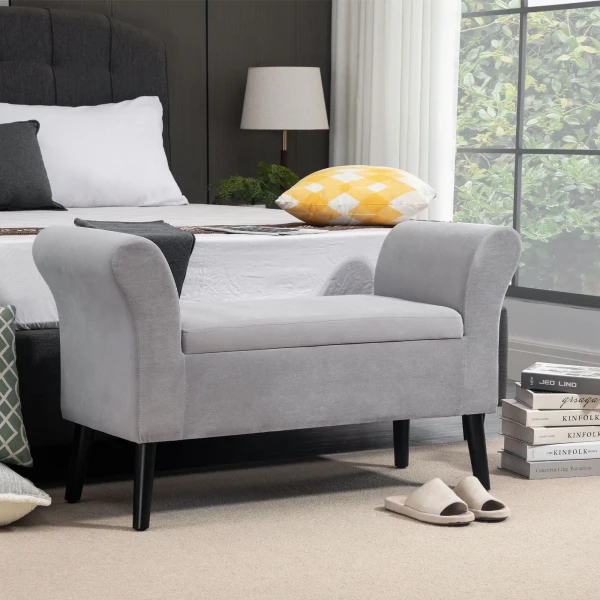 Zitbank lichtgrijs gestoffeerde bank met opbergruimte, samt polyester, rubberhout, modern voor hal & slaapkamer 2
