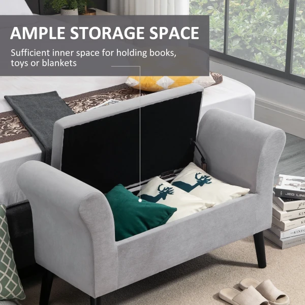 Zitbank lichtgrijs gestoffeerde bank met opbergruimte, samt polyester, rubberhout, modern voor hal & slaapkamer 5