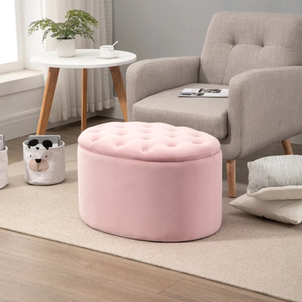 Zitbank roze gestoffeerde bank met opbergruimte 71x52x42cm van fluweelachtig polyester en rubberhout ovale vorm voor woonkamer 2