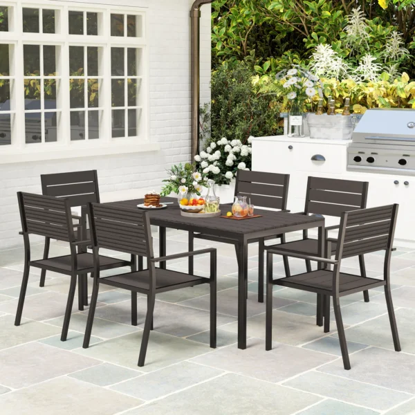 Zitgroep 7 delig eetgroep voor 6 personen eettafel met 6 stapelbare stoelen eetkamergroep met gespleten tafel keukentafel set balkonmeubilair tuinmeubilair voor terras, balkon donkerbruin 2