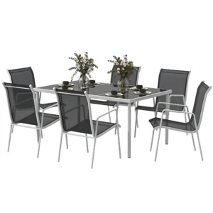 Zitgroep 7 delig eetgroep voor 6 personen eettafel met 6 stapelbare stoelen eetkamergroep met glazen tafel keukentafel set balkonmeubilair tuinmeubilair voor terras, balkon eetkamer zwart 1