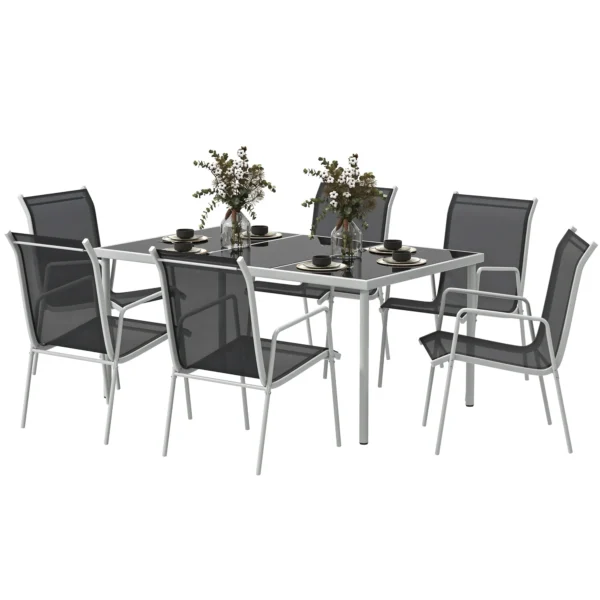 Zitgroep 7 delig eetgroep voor 6 personen eettafel met 6 stapelbare stoelen eetkamergroep met glazen tafel keukentafel set balkonmeubilair tuinmeubilair voor terras, balkon eetkamer zwart 1